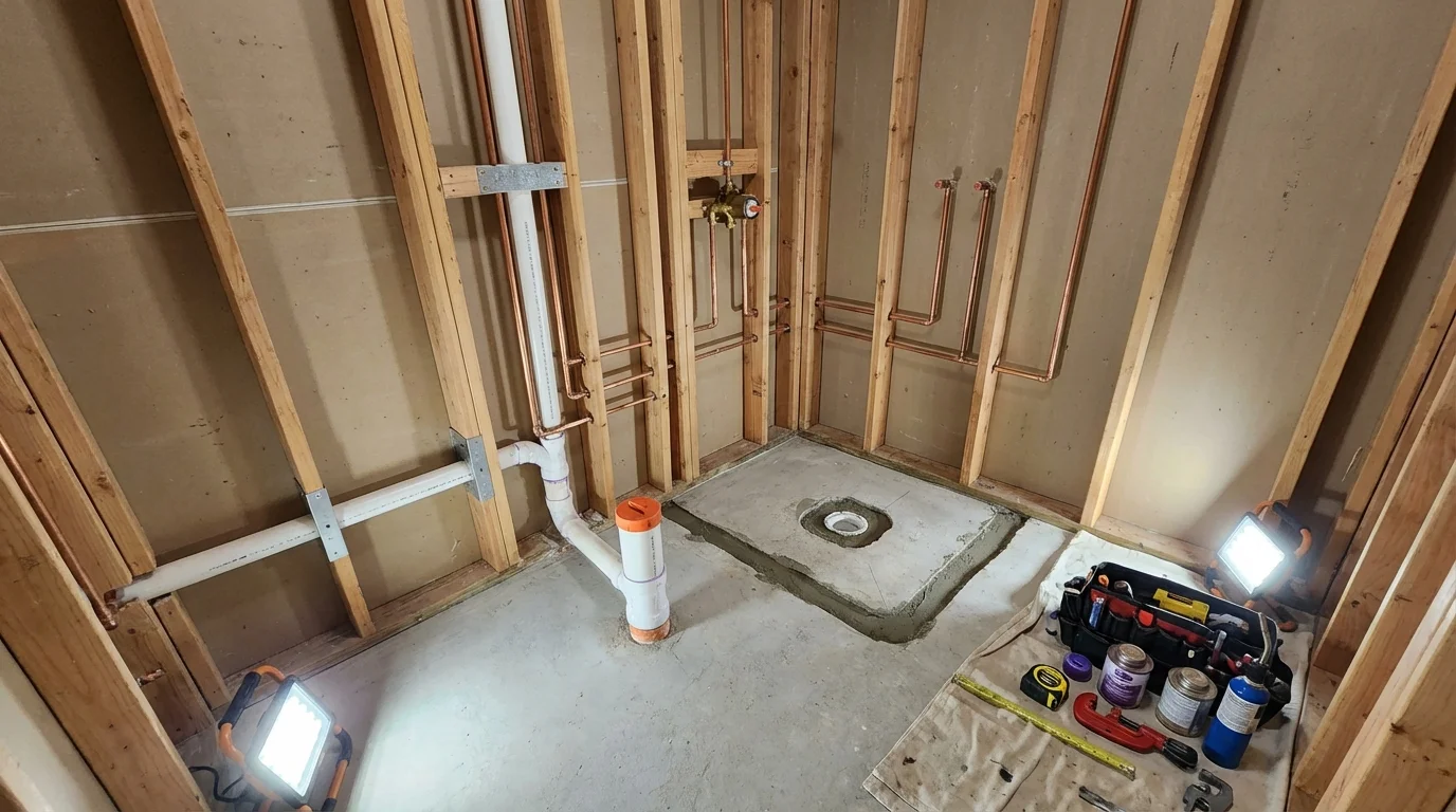 Bathroom rough-in plumbing during remodel by Johns Plumbing LLC in Oak Forest