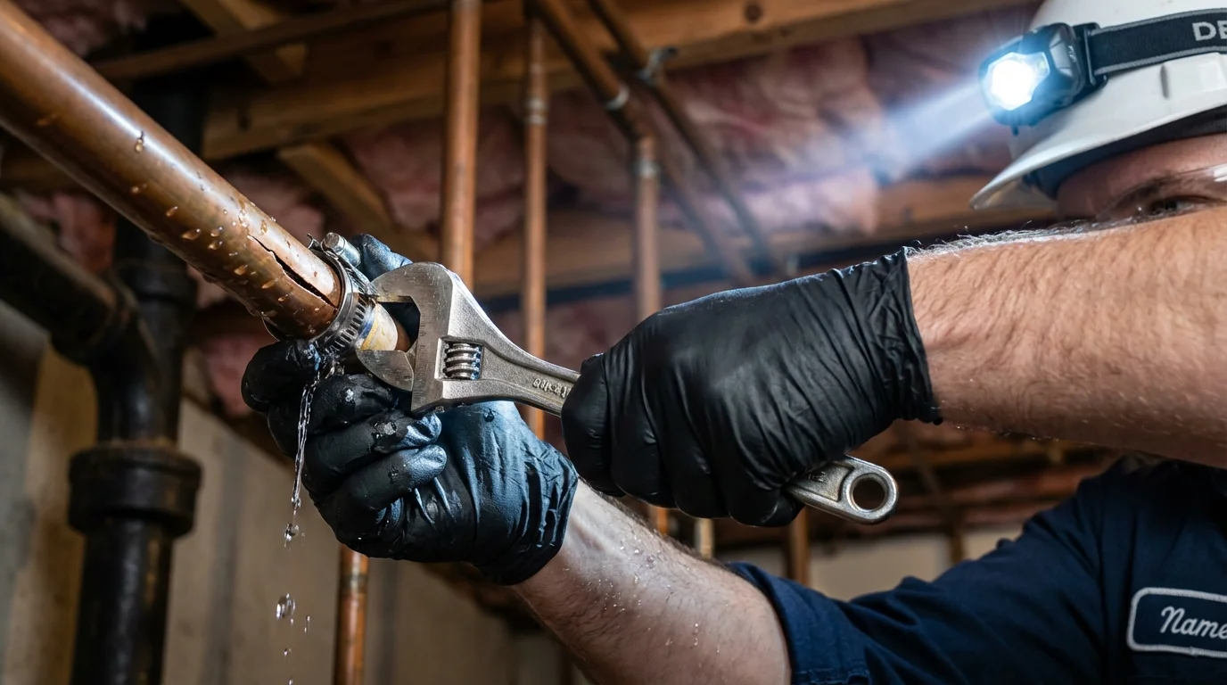 Emergency pipe clamp repair being performed by a Johns Plumbing LLC plumber in Oak Forest