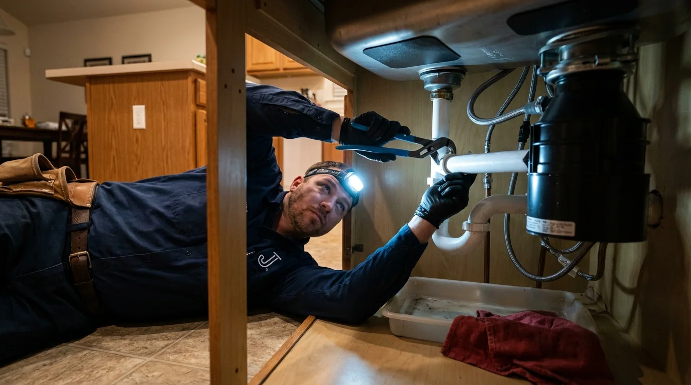 P-trap and supply line connections under a kitchen sink showing a common leak point in Oak Forest, IL